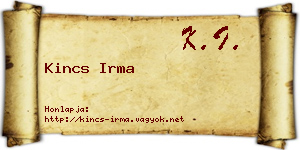 Kincs Irma névjegykártya
